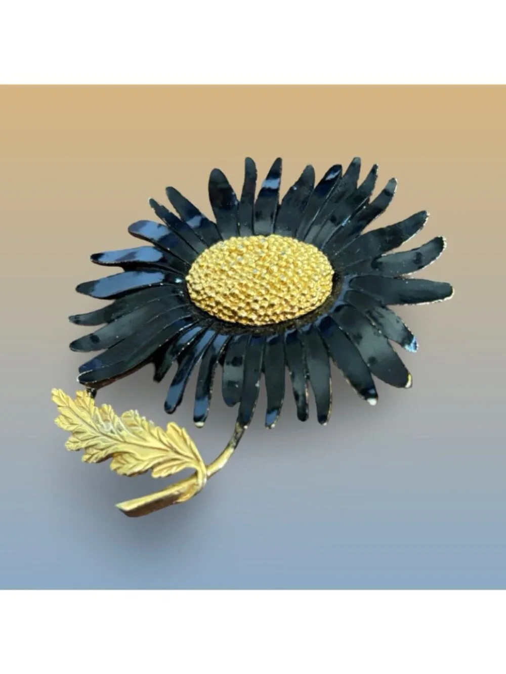 Vintage Marvella Black Enamel & Gold-Tone Sunflower Brooch Pin